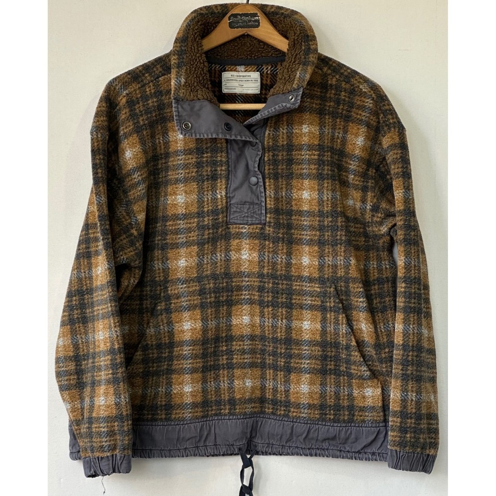 REI Co-op Fleece Pullover Plaid Sherpa Neck Mens Large Brown Excellent